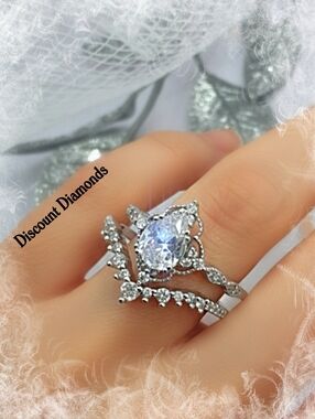 2 Ring Set - Clear White Diamond Wedding or Engagement Rings on 925 Silver